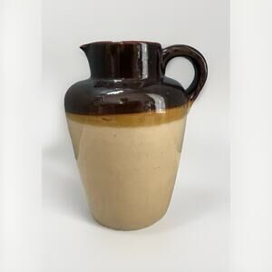 Vintage Stoneware Syrup Pitcher Jug Brown Tan Two Tone 6" Tall Vase Cottage Core